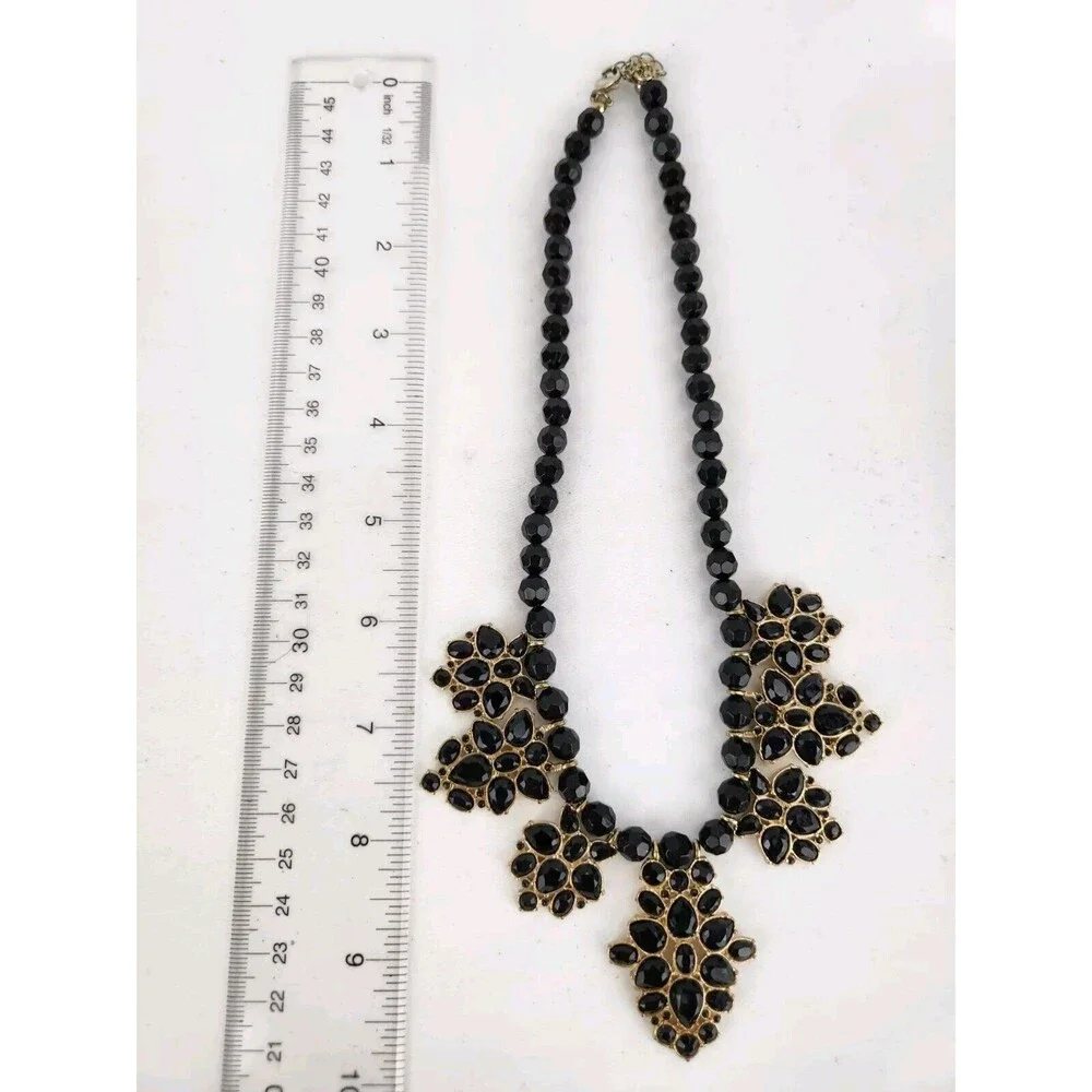 Gold‎ Tone Black Floral Beaded Statement Necklace Clasp Bracelet Earrings